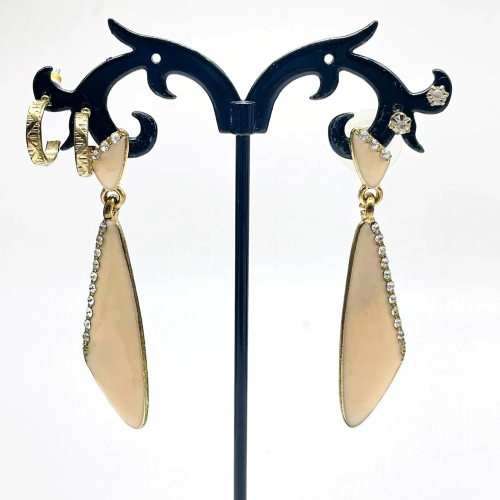 Pierced Earrings Lot of 3 Rhinestone Studs Gold Tone Hoops Cream Enamel Dangle